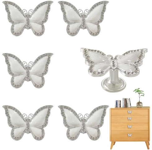 DEEKOUDT Butterfly Cabinet Knobs for Dresser Drawers, 6pcs Zinc Alloy Decorative Knob for Drawers Dresser Wardrobe Cupboard Glass Door Home Hardware Vintage Pulls Handles (Silver)