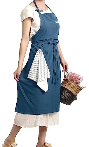 Pincy Weiche Schürze aus Baumwollleinen – Retro-Leinen-Kunstschürze, verstellbare lässige Schürze mit Handtuch, ideal für Floristen, Kaffeehaus und Küche (Blaue Asche)