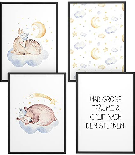 Papierschmiede® Kinderbilder 4er Set, A4 gerahmt in Holzrahmen (schwarz), Geschenk für Mädchen & Jungen Wanddeko Kinderzimmer Babyzimmer, Wolke Mond Sterne, Good Night Tiere Aquarell