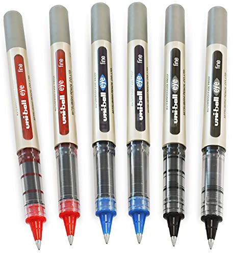 uni-ball Eye UB-157 Tintenroller, mit 0,7 mm breiter Spitze, in Schwarz, Blau und Rot, 6 Stück