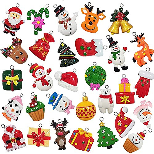 30pcs Mini Christmas Ornaments Tree Decorations, Small Tree Ornaments With Santa Claus, Snowman, Reindeer and More Resin Tiny Figurines for Holiday Hanging Decor