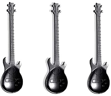 LATRAT Set of 3 Coffee Spoons Stainless Steel Dessert Spoons, Teaspoons Made of Stainless Steel Guitar Spoons, Music Note Spoons, Stainless Steel Dessert Spoons (Black)