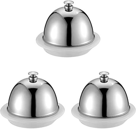 DOITOOL Ceramic Butter Dish with Stainless Dome Cover, Cheese Dish with lid for for countertop, Small Cheese Plate Serving Tray with Handled lid for Dessert, Cupcake, Cream Cake, Appetizer (3pcs)
