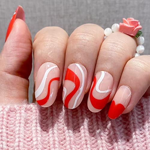 NOVO OVO Saint-Valentin Cort Moyen Amande Oval Cœur Rouge Rose Blanc Swirl Fleur Épais Faux ongles à coller SWEETIE Français Pointe Acrylique Stick sur Kit avec Colle pour le Printemps