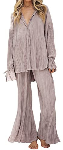 shownicer Damen 2 Stück Casual Outfits Revers Langarm Button Down Shirt Hohe Taille Lange Hosen Loungewear Streetwear Anzüge Weites Plissee Bein Hosenanzüge Zweiteiler F Violett S