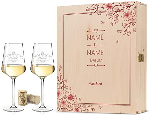GRAVURZEILE Leonardo Weingläser mit Gravur - Red Flowers Pampasgras - Personalisiert mit Namen & Datum - Geschenk zur Hochzeit Verlobung - inkl. bedruckter Holzkiste - Farbe: Große Kiste UV