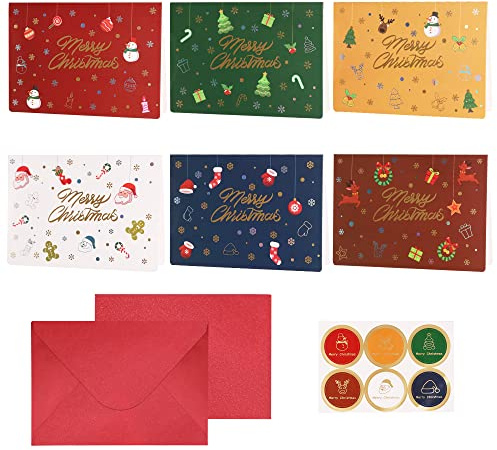HCSSZ Christmas Cards Pack of 12, 6 Different Christmas Element Designs Multipack - Friendly Family Christmas Cards Bronzing Xmas Cards with Envelopes and Sticker