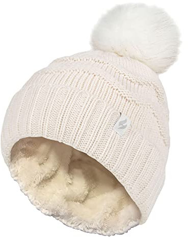 HEAT HOLDERS Damen-Winter-Pelz-Mütze Zickzack gemusterte Bommelmütze | Bommelmütze mit Thermomanschette für Damen (Einheitsgröße, Creme)