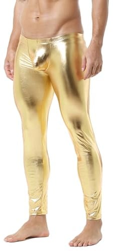 QiaTi Men's Tight Pants Faux Leather Men Leggings Long Trousers PU Skinny Slim Pants Club Dance Gold