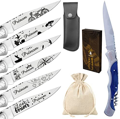 Couteau Laguiole personnalisé avec dessin et prénom gravé. Marque Bougna - Cadeau pour homme : fête des pères, papa, tonton, grands pères (papi, papy) anniversaire, noël Bleu (Avec Tire Bouchon)