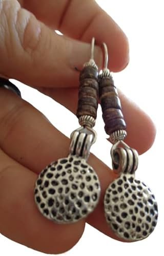 ◦•●◉✿ BRAUNE NATUR KOKOS & GEHÄMMERTE SCHEIBE ✿◉●•◦ einzigartige Ethno Ohrringe in braun und silber