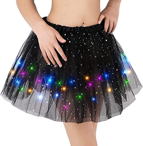 Tutu-Rock, Damen Dehnbar Faltenrock mit Sternen und Pailletten, Tüllrock für kleine Damen, LED-Licht Ballett Tutu-Rock, Partykleid, Prinzessinnenkleidung, Fasching Cosplay Kostüm