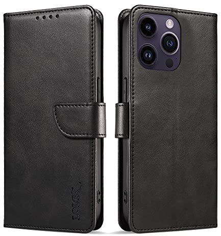 LOLFZ Wallet Case for iPhone 14 Pro, Vintage Leather Book Case with Card Holder Kickstand Magnetic Closure Flip Case Cover for iPhone 14 Pro - Black