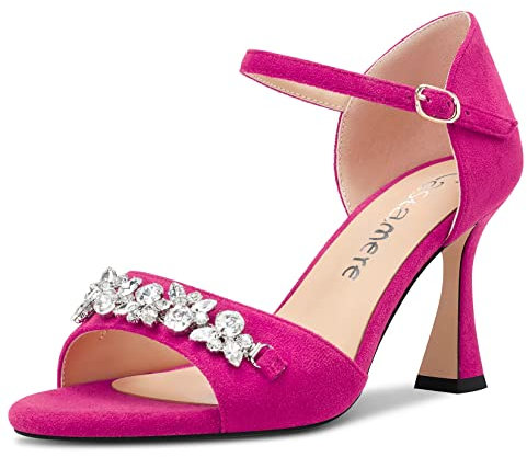 Castamere Mujer Medio Heel Abierta Punta Correa Tobillo Diamante Cristal Sandalias de Boda Baile 8.5 CM Heels Magenta Rojo Ante A 38 EU