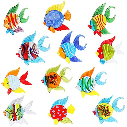 Sujeetec Figuras de peces tropicales de cristal en miniatura de vidrio soplado a mano, escultura de peces de cristal, colección de animales marinos, juego de 6 pares