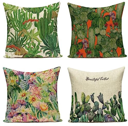 kissenbezug 70x70cm 4er Set Kissenbezüge Grüner Kaktus Dekokissen Kissenhülle Leinen Couchkissen Quadratisch Sofakissen groß Zierkissenbezüge für Couch Sofa Bett Auto Schlafzimmer Wohnzimmer Deko C1