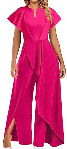 shownicer Jumpsuit Festlich Hochzeit Damen Lang Weites Bein Elegant Overall Spitze Ärmel Hosenanzug Playsuit Romper G Rose Rot M