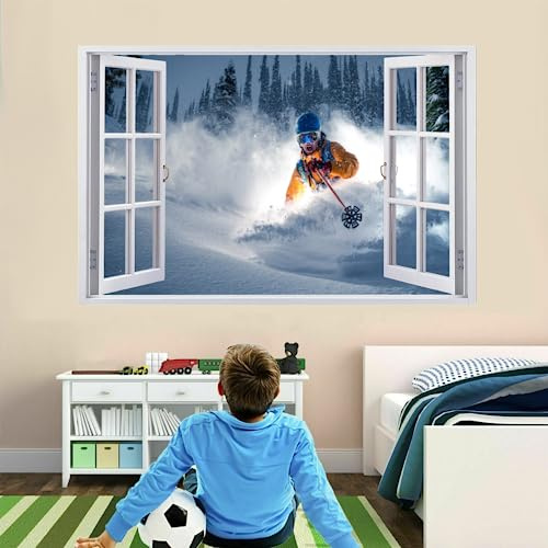 3D Wandtattoos Skifahren Im Winter Wandaufkleber Durchbruch Wanddeko Selbstklebend Wandbild für Kinderzimmer Junge mädchen Teenager Zimmer Schlafzimmer Wandsticker Kleinkinderzimmer Deko 120x80cm