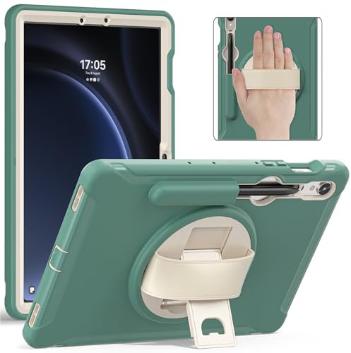 Junfire Case for Samsung Galaxy Tab S10 Lite/S10 FE/S9 FE 10.9 inch 2025, Shockproof Kids Protective Case with Screen Protector Rotating Stand Hand Strap Pen Holder for S9/S8/S7 Tablet-Emerald Green