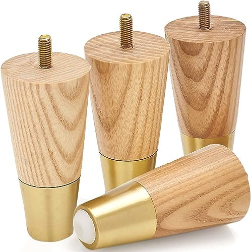 Ash Wood Furniture Legs With Gold Caps - Mid Century Legs For Sofa, Armchair, Cabinet, Chair, Footstool, Bed, Ottoman -Wooden Legs Are Easy To Install & Include Installation Hardware-Set of 4(4 inch)