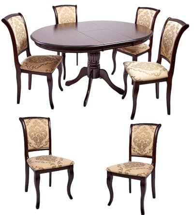 Rodnik Essgruppe Versailles, Säulentisch, Esstisch rund ausziehbar 105-140 cm, Stühle, Esszimmer Set Barock (Walnuss, Tisch mit 6 Stühlen)