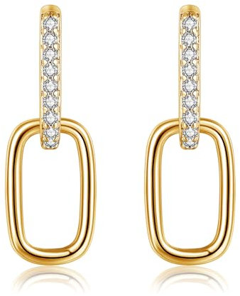 Deyanse Silver Hoop Earrings for Women, 925 Sterling Silver Convertible Link Earrings for Girls, Hypoallergenic Geometric Cubic Zirconia Double Oval Hoop Earrings, Gold Huggies Dangle Drop Earrings