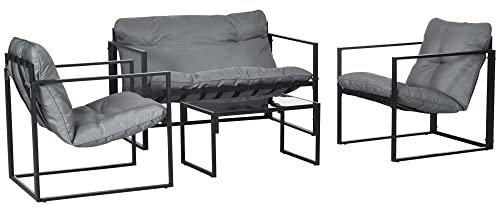 Outsunny Salon de Jardin Meuble de Jardin 4 pièces pour 4 Personnes avec canapé 2 Places, 2 fauteuils et 1 Table Basse 3 Coussins pour terrasse Jardin - Polyester Noir Gris Acier