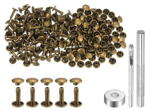 QUARKZMAN 100 Ensembles de Rivets en Cuir 10 x 7mm en Métal avec Double Capuchon, Attaches Pression et 3 Outils de Pose pour Projets d'Artisanat en Cuir, Couleur Bronze
