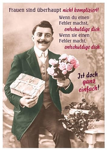Postkarte mit Humor - Frauen sind nicht kompliziert, Entschuldigung & Blumen, Vintage-Stil, Geschenkidee für Sie, Witzige Sprüche, Ironische Karten, Lustige Geschenke