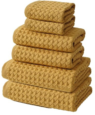 SK Studio Lot de 6 Serviettes de Bain, Coton Drap de Bain, Séchage Rapide et absorbantes, 2 Serviettes de Bain, 2 Serviettes de Toilette, 2 Gants de Toilette, Jaune