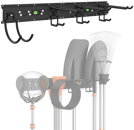 Garagen Werkzeug Management Wandregal,80cm Garage Tool Management Storage Rack mit 4 verstellbaren Metallhaken Aufhänger für Skiausrüstung, Gartengeräte, Mopps,Besen, Rechen, Stühle,Gartengeräte