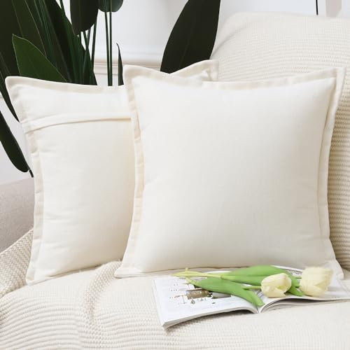 Madizz 2er Set Fransen Chenille Schlicht Zierkissenbezüge Modern Kissenbezug Kissenhülle Sofakissen Lendenkissen für Sofa Schlafzimmer Cremeweiß 45x45 cm