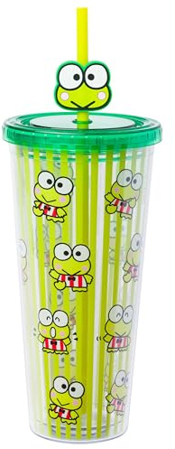 Silver Buffalo Sanrio Hello Kitty and Friends Keroppi Plastic Cold Cup with Lid and Straw Topper, 24 Ounces