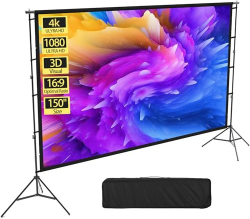 150 Inch Projector Screen and Stand, 16:9 4K HD Rear Front Projector Screen with Wrinkle-Free Portable Design,Indoor Outdoor Projection Screen with Heavy Water Bag & Carry Bag for Backyard Movie Night