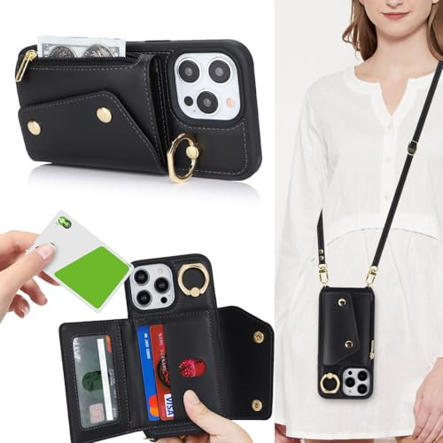 Zouzt for iPhone 15 Pro Case with Card Holder and Strap, Card Slots Zipper Wallet Phone Case PU Leather Crossbody Lanyard Drop Protection Cover for iPhone 15 Pro 6.1 inch - Black