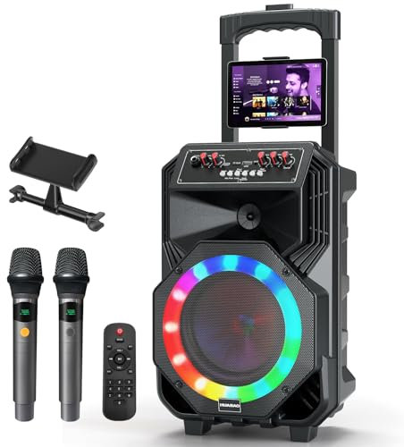 HUABAO Karaoke Machine with 2 Wireless Microphones, Rolling Wheels and Trolley, 8800mAh Portable Bluetooth Speaker, PA System with Lights, Bass/Treble/Echo Adjustment for Party, Indoor and Outdoor