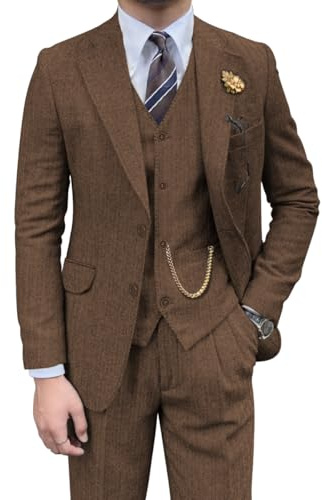 Retro-Herrenanzug, 3-teilig, Tweed, Fischgrätenmuster, schmale Passform, Anzüge für Bräutigam, Smoking-Set, Balljacke, Blazer, Weste, Hose für Herren, Braun, XL