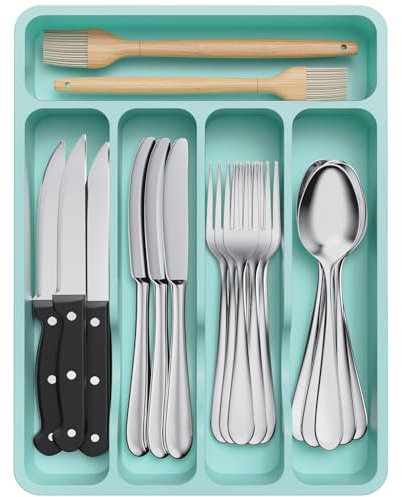 Lifewit Organizador de Cubiertos, Bandeja Cubiertos Cajon Cubertero para Cajón para Menaje, Cocina Organizador de Cubertería Compacto para Cucharas Tenedores, 5 Compartimentos, Turquesa