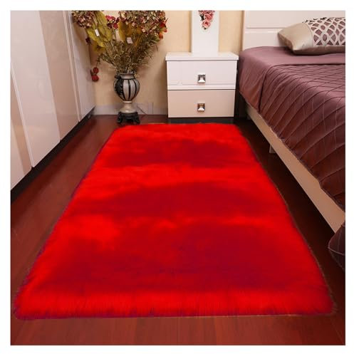 SMTCM Faux Lammfell Schaffell Teppich Rot 90 * 180CM Matte Kunstpelz Flauschiger weiche waschbarer Wohnzimmerteppich langflor Kunstfell Stuhlkissen plüsch Heimdeko für Schlafzimmer Nachttisch Sofa