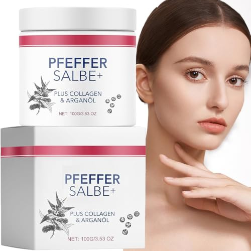 Pfeffersalbe Plus – Die Original Aktiv Pfeffersalbe zum Bräunen mit Collagen & Arganöl | Reichhaltige Pleffer Salbe als Gesichtscreme, Aktiv Pfeffer Salbe für einen jugendlich-strahlenden Teint, 100g