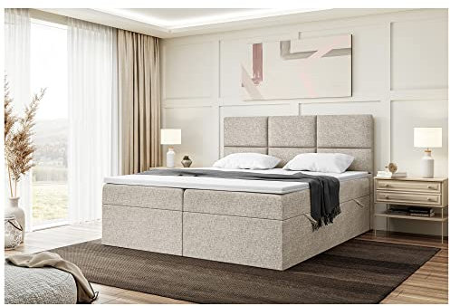 MEBLINI Boxspringbett mit Bettkasten - 200x200 - Gepolstert Doppelbett mit Matratze und Topper - Polsterbett mit Stauraum - Bett ohne Kopfteil - Stauraumbett - KYLIAN - H4/Beige Webstoff