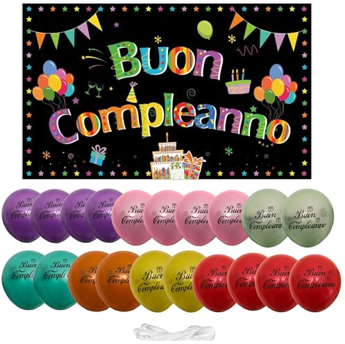 ® IM | Banner Happy Birthday 110 x 180 cm + 12 Luftballons mit italienischer Aufschrift BuoN zum Aufhängen | Ballon Geburtstag | Dekoration (mehrfarbig)