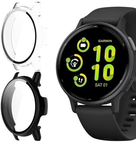 Buoluoioir 2 Pièce Coque pour Garmin vivoactive 5 avec Protection ecran en Verre Trempé, HD Clair Ultra Mince Couverture Complète Anti-Choc Protection Case, Noir + Transparent
