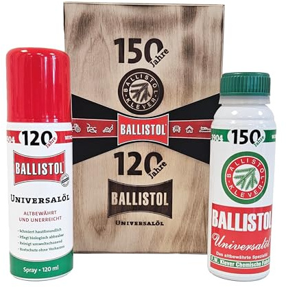 BALLISTOL 21045 Jubiläumsholzbox Universalöl, 9 tlg, 150 ml Spray | Geschenkset, limitierte Jubiläumsholzbox, Sammlerstück