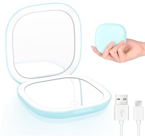 Comius Sharp Miroir de Maquillage de Voyage à Grossissement LED Compact, Grossissement 1x / 10x Petite Poche à Main Dimmable écran Tactile Rechargeable USB Double Face, Lumière à 3 Modes (Vert)