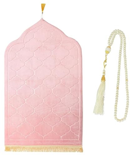 CRFASIBE Tapis de Prière Musulman avec Perles, Tapis de Prière en Flanelle Douce, Islamique Sajadah en Relief à Pampilles, Ensemble Cadeau Ramadan Eid Mubarak, Couverture Turque (Rose)