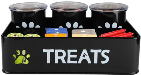 Ctomche Dog Treat Storage,3 Pack Dog Treat Jars Airtight Lid,Metal Pet Food Storage for Dog Treats Cat Treats Storage,Kibble Biscuit Tins Snack Staton for Stick/Pet Food/Packaged Snacks-Black