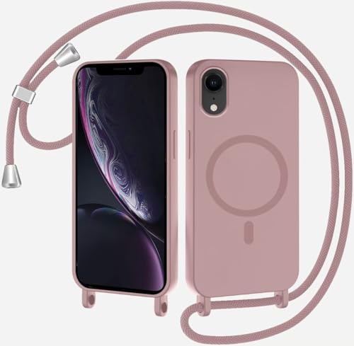 xinyunew Coque Magnétique pour iPhone XR avec Cordon, Compatible avec MagSafe Collier Étui Silicone Liquide avec Tour de Cou Lanière en Corde Souple TPU Antichoc Housse pour iPhone XR,Rose foncé