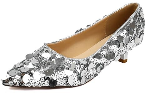 Lroey Reoly Damen mit Kätzchen Fersenpumps Dp836 Mitte Absatz Silber Gr 43 EU