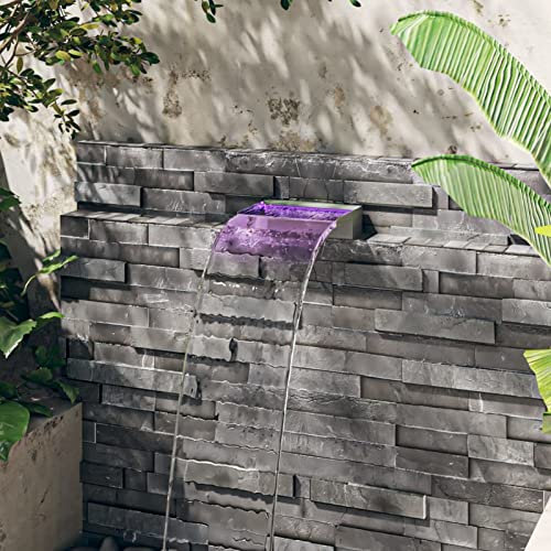 Gecheer Déversoir pour Cascade avec LED RVB INOX 30 cm, Lame Fontaines de Piscine Cascade, d' Eau Piscine Hors Sol de Jardin, Cascade Bassin Exterieur